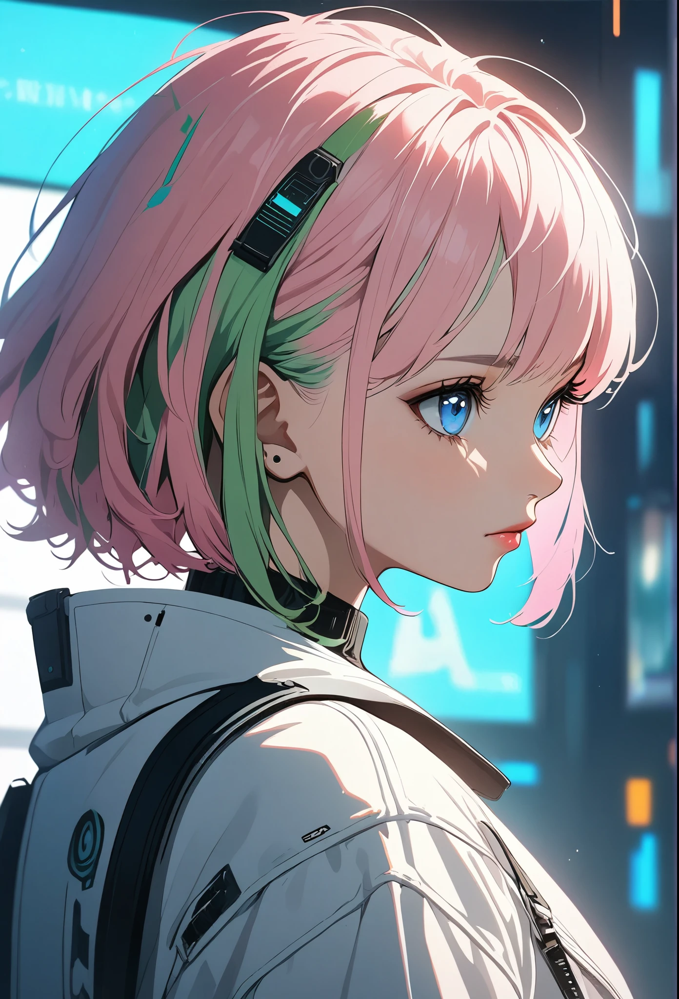 woman, Realistic characters, Green hair and pink hair, blue eyes, anime, alone, Modern, cyber punk