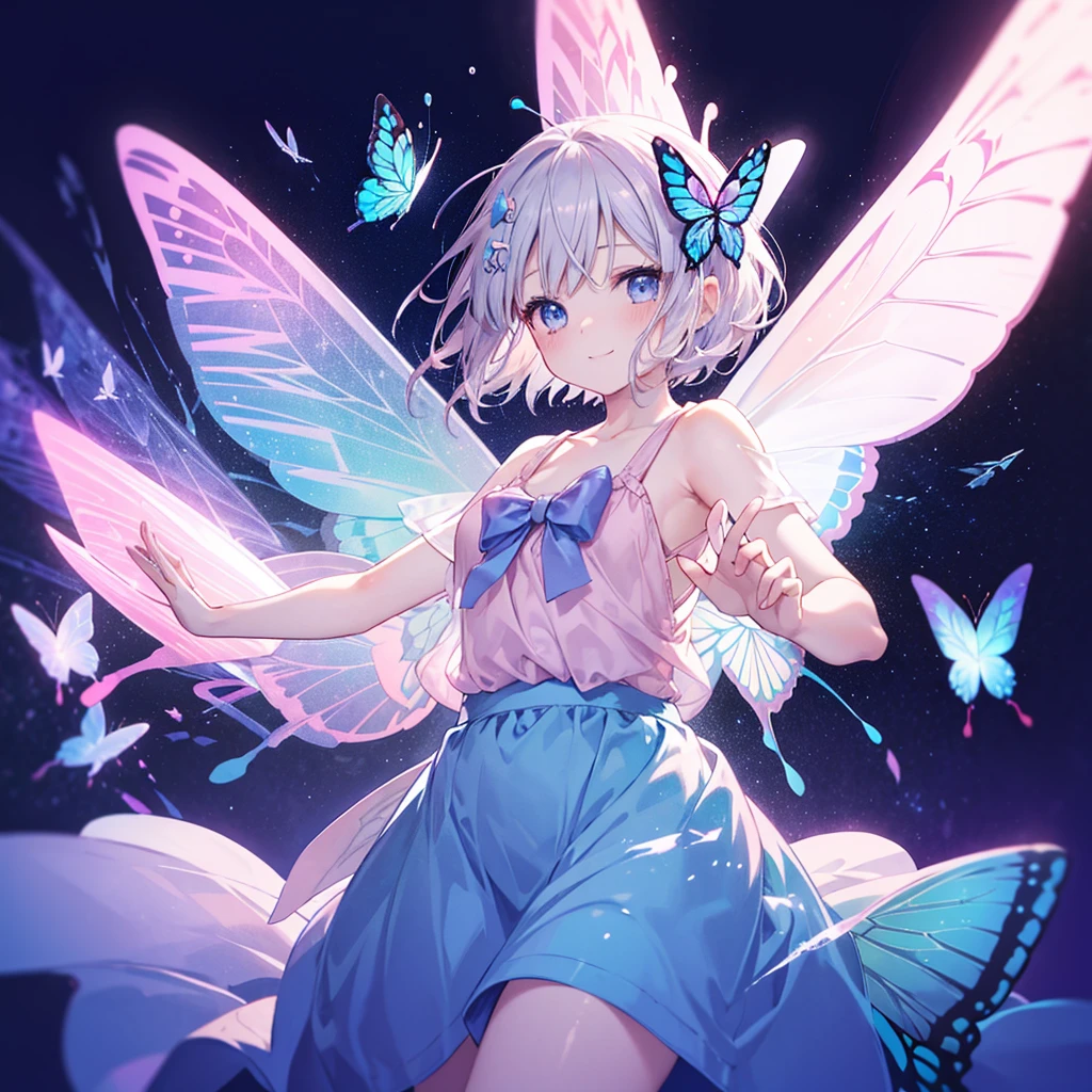 One girl((Fairy,Butterfly Wings Happiness)) background((Pale pink,Lots of hearts))smile ,Gray Hair,Short bob blue eyes,Super Shining,camisole,Long Hem Super Pop Anime,Anime The Wind Blows,Jagged front,Raise your arms,floating