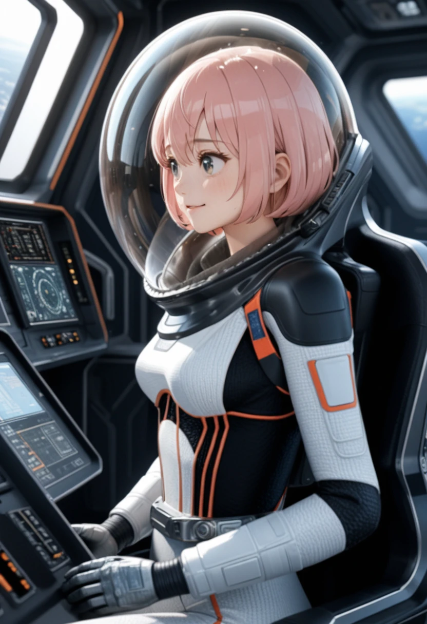 eva helm, spacesuit , astronaut),  pink hair, bubble helmet, space helmet, (1girl:1.1) wearing a (spacesuit:1.15), white cargo pants, (ugh, wtf do these buttons do:1.3), inside the cockpit of a (futuristic spaceship:1.1), sitting in the captains chair, (intricate control panels:1.3), (gleaming metal:1.1), surrounded by many buttons and dials and gauges, concerned, beautiful 8k wallpaper, highly advanced, (sleek design:1.3), intricate, highres, superb, 8k wallpaper, extremely detailed, intricate,  (short hair:1.7), smile, from side