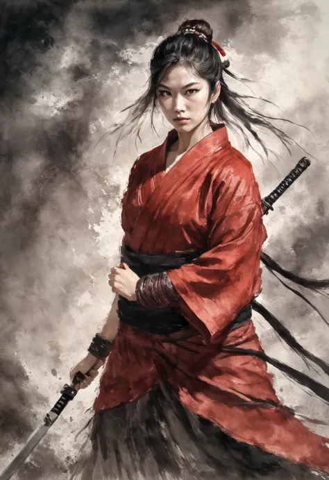 dynamic action shot, a beautiful asian woman, she is in red samurai armor mix with a yukata and without weapon, she is tall and ...