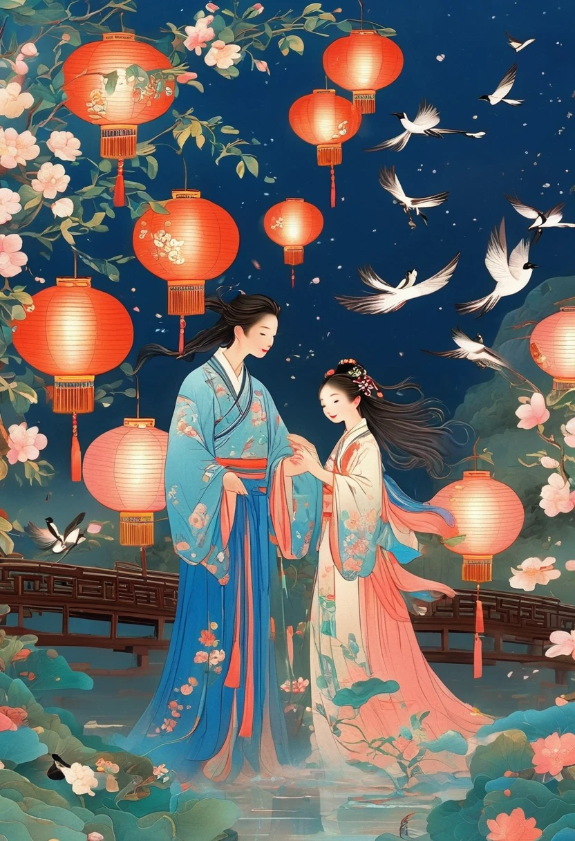 (from bottom,1girl and 1boy standing on the bridge),hugging each other,back view,fullbody,((Many magpies and flowers linger around them)),they are looking at each other,all closed eyes and smile,this girl is wearing a white Chinese fairy costume,The boy have long hair and he is wearing simple traditional Chinese peasant clothing,
summer night,(a Curvy Moon),clear pink sky,((Kongming lanterns,flowers,magpies)),high dynamic range and rich colors,masterpiece,high quality,perfect detail,32K UHD,