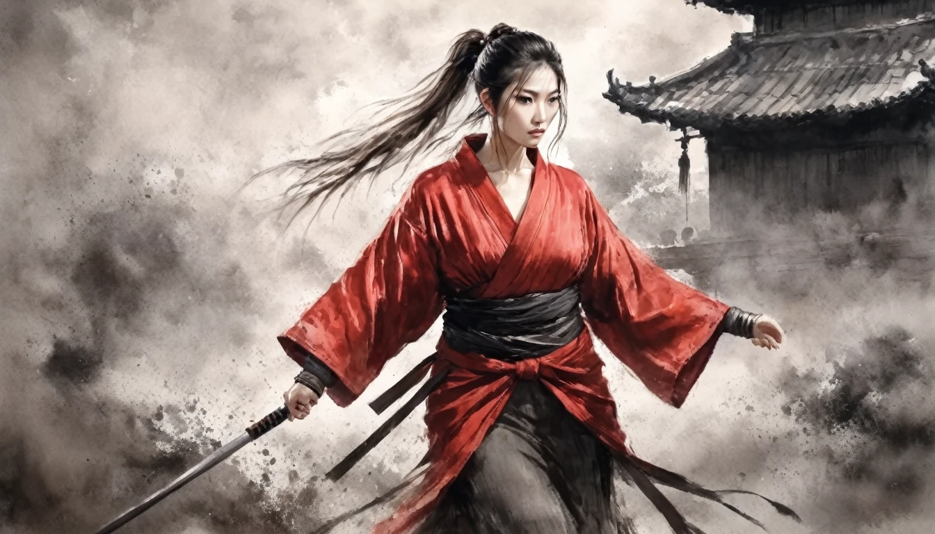 dynamic action shot, a Beautiful Asian woman, she is in red samurai armor mix with a yukata and without weapon, she is tall and grave, with red cords as a ribbon in her hair around a high ponytail and lines around her eyes, realistic, sharp skin, wielding a katana, dynamic pose, wide hips, long legs, charismatic, forgery with a forge and molten metal in the background, strong wind, 