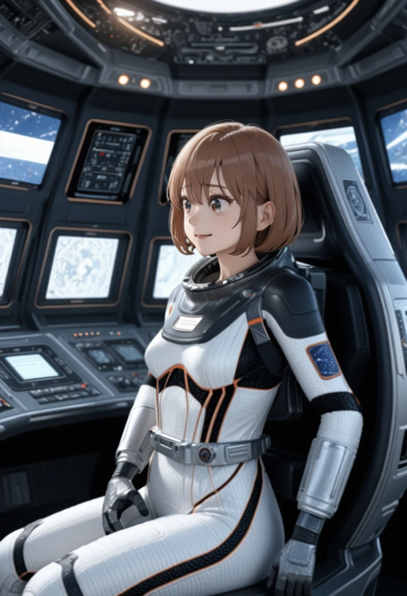 eva helm, spacesuit , astronaut),  , space helmet, (1girl:1.1) wearing a (spacesuit:1.15), white cargo pants, (ugh, wtf do these buttons do:1.3), inside the cockpit of a (futuristic spaceship:1.1), sitting in the captains chair, (intricate control panels:1.3), (gleaming metal:1.1), surrounded by many buttons and dials and gauges, concerned, beautiful 8k wallpaper, highly advanced, (sleek design:1.3), intricate, highres, superb, 8k wallpaper, extremely detailed, intricate,  (short hair:1.7), smile, from side