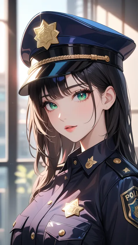 masterpiece, best quality:1.3, 1girl, black hair, green eyes, police uniforms, police hat, transparent colorful vinyl clothing, ...