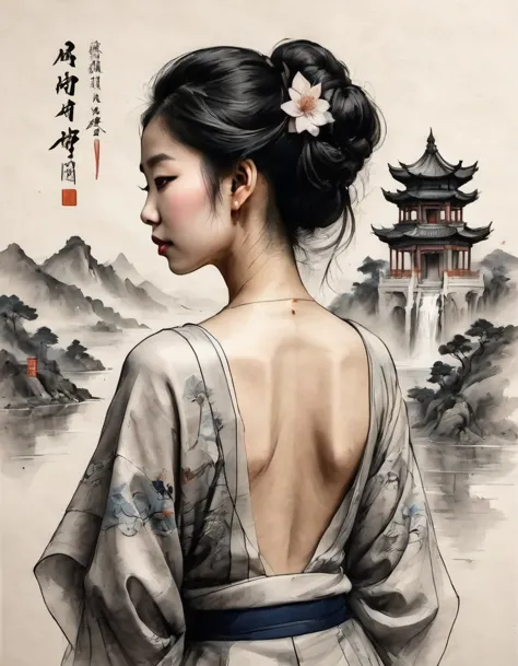 chinese traditional ink body art style, (use simple lines to outline the graceful figure of women），beautiful back， undulating li...