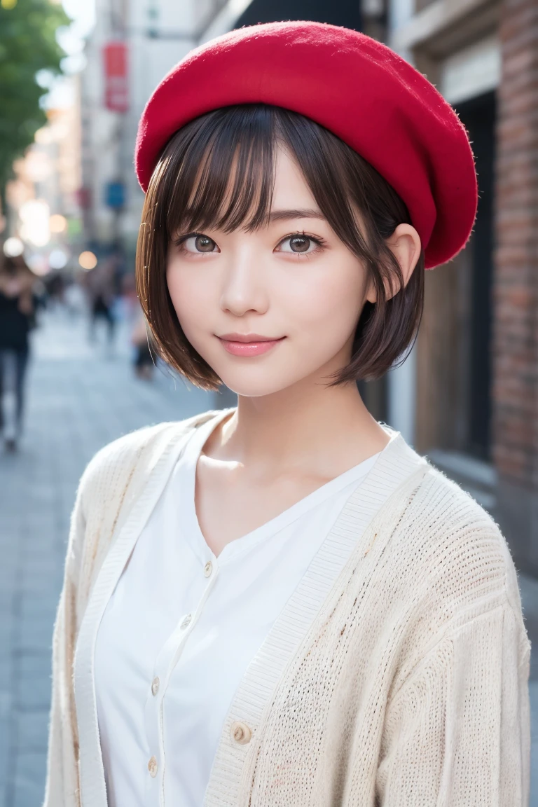 One Woman, (Beautiful woman, Delicate woman:1.3), (Age 25:1.3),
break, (White blouse:1.3), (Cream colored cardigan:1.3), (Red Beret:1.3),
break, Very fine grain definition, (Symmetrical eyes:1.3),
break, (Street Snap:1.3), 
break, Ample breasts, Iris, bangs, Brown Hair, (short hair:1.3),
break, A happy smile、(Eye and facial details:1.0),
break, (masterpiece, Highest quality, Super detailed, Detailed face, 8k)