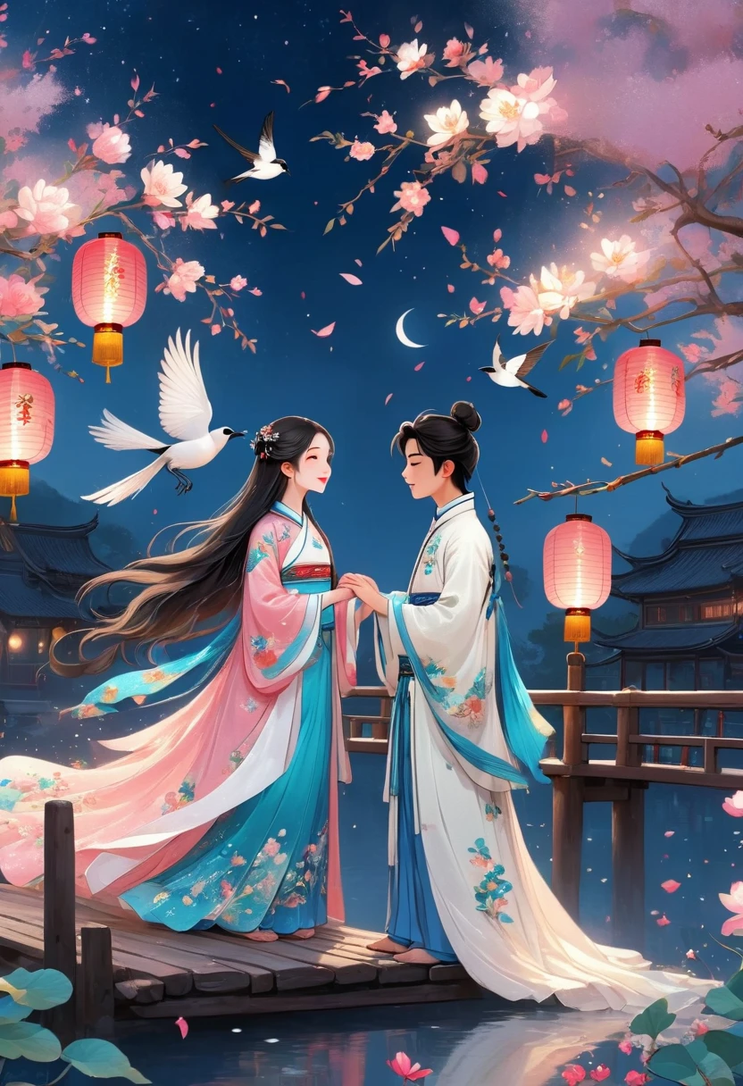 (from bottom,1girl and 1boy standing on the bridge),hugging each other,back view,fullbody,((Many magpies and flowers linger around them)),they are looking at each other,all closed eyes and smile,this girl is wearing a white Chinese fairy costume,The boy have long hair and he is wearing simple traditional Chinese peasant clothing,
summer night,(a Curvy Moon),clear pink sky,((Kongming lanterns,flowers,magpies)),high dynamic range and rich colors,masterpiece,high quality,perfect detail,32K UHD,