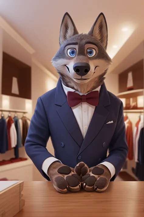 larry (zootopia), wolf, gray fur, (brown body:1.3), beautiful blue eyes, zootopia, dressed,white jacket, pink shirt,white pants,...