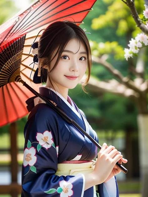 photo-realistic quality、a japanese woman wearing a kimono and holding a red umbrella, traditional japanese beauty、20 year old ja...