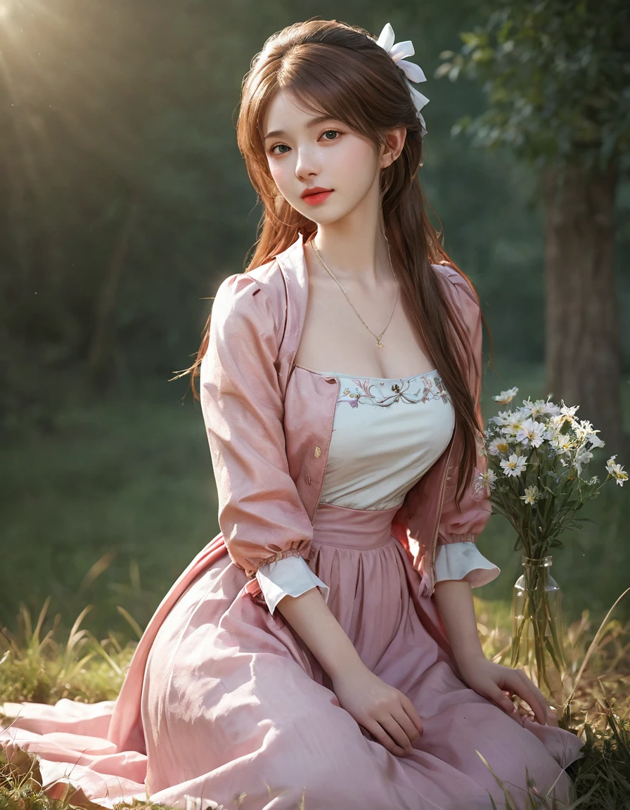 (masterpiece, best quality:1.4), (future days), (full of white flowers), (1girl), ((18 years old)), solo, (european youth:1), aerith gainsborough, choker, cropped jacket, hair bow, bracelet, (((red jaket))), (((pink dress))), brown boots, very long hair, hair ribbons, hair flowers, strapless red dress, high heels hyperrealistic, high detailed skin, dslr, soft lighting, high quality, highly detailed face, highly detailed skin, skin pores, subsurface scattering, realistic pupils, huge breast, full face blush, full lips, detailed background, depth of field, volumetric lighting, sharp focus, absurdres, realistic proportions, good anatomy, ((light smile)), ((looking at viewer)), ((cowboy shot)), (realistic, hyperrealistic:1.4), 16k hdr, medium breasts, show vagina, spread legs.