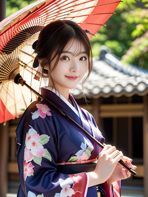 Photo-realistic quality、A Japanese woman wearing a kimono and holding a red umbrella, Traditional Japanese Beauty、20 year old Japanese model, in Kimono,  elegant japanese woman, Japanese style, in a kimono, Portrait Shot, wearing kimono, Japanese style,  Wear Hakama、looking at the camera、Detailed and beautiful eyes、Cute smile、A soft and gentle look