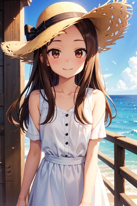 takagi-san、shiny brown hair, straight long hair,((medium chest、forehead、center part))、 beautiful brown eyes、smile、sparkling eyes...