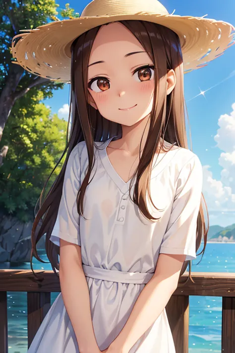 takagi-san、shiny brown hair, straight long hair,((medium chest、forehead、center part))、 beautiful brown eyes、smile、sparkling eyes...