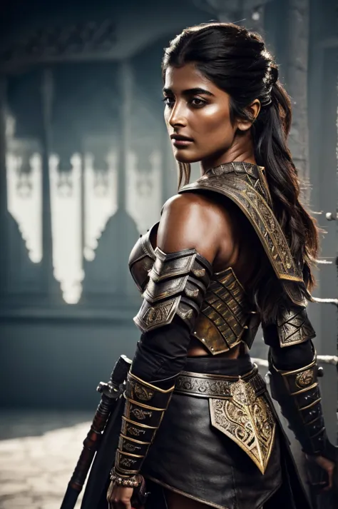 "pooja hegde as a powerful warrior woman, dark and atmospheric setting, confrontational and strong pose, looking at viewer, mini...