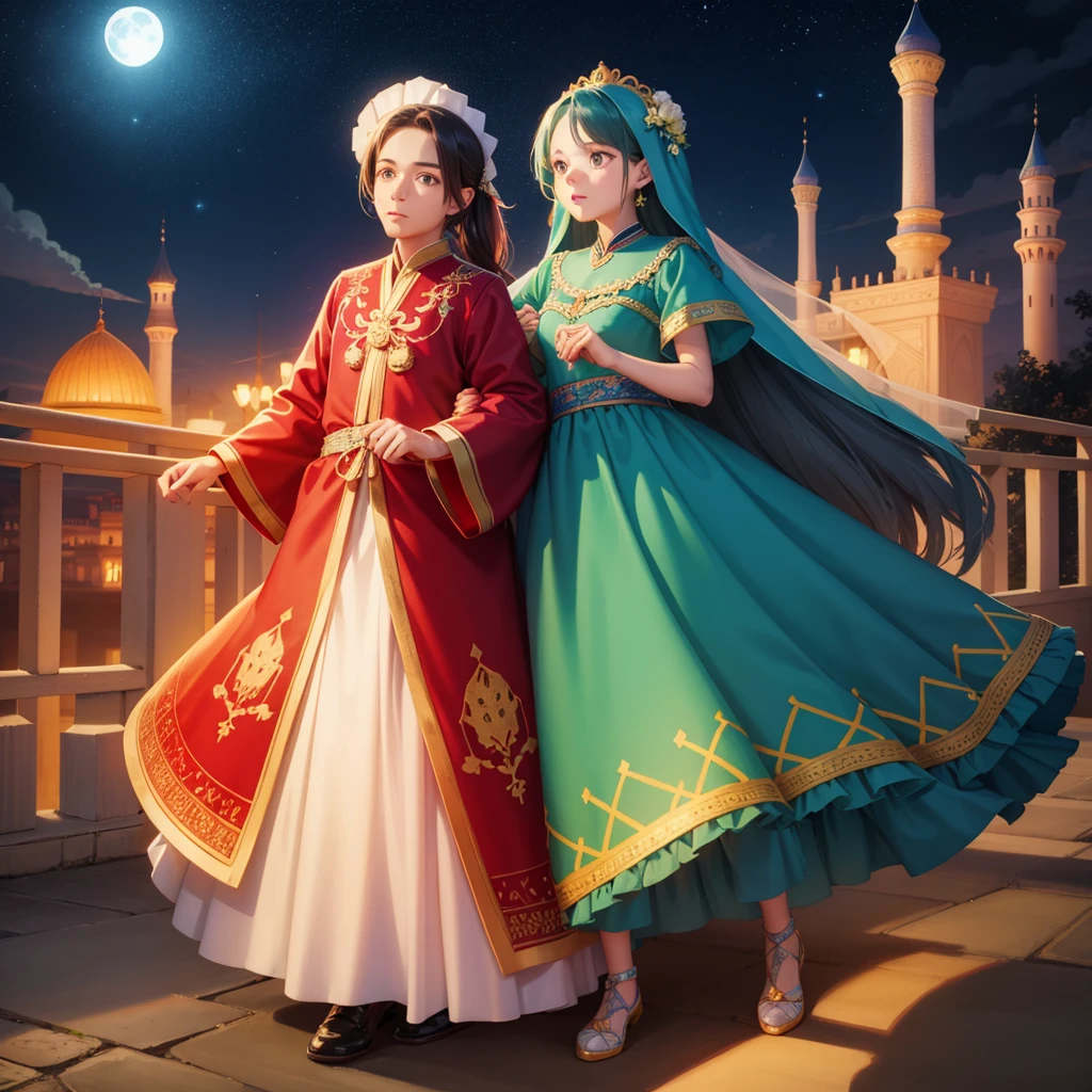 最high quality、high quality、10 years old、Brightly embroidered folk costumes from Central Asia and the Caspian Sea region、Bride Girl、Moonlight meadow、moonlight、Long dress