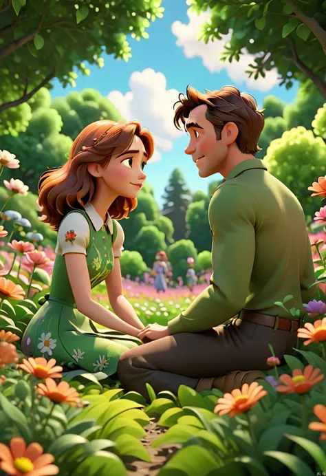 man with a woman sitting facing each other in a flower field full of leafy trees, animation character, stylized character, anima...