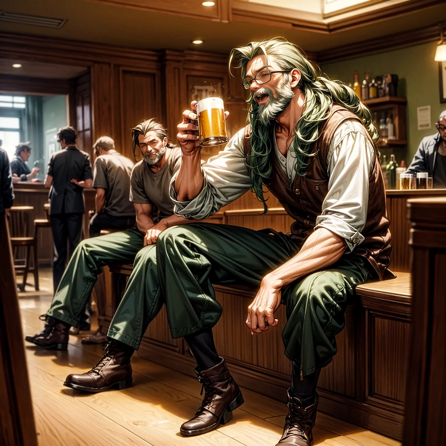 Solo character, full body version, middle aged man, muscle, tall height, green color hair, glasses, long Curly hairstyle, hazel eyes, close eyes, beard, open mouth, happy, laugh, casual style clothing, brown color clothing, black long pants, boots, detailed shadow, indoor, bar, evening, beer in hand, sit down gesture