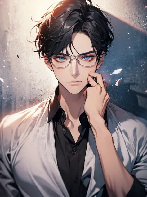 masterpiece, best quality, 1boy, gray black hair, blue eyes, glasses, white shirt, mugshot, wall background, detailed eyes, deta...