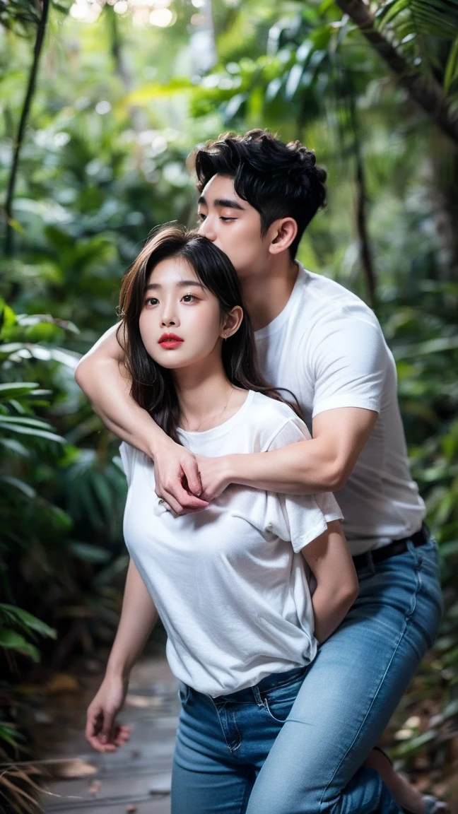 take close shot picture, Romantic couple, a young korean man wearing white tsirt, piggyback a korean girl, slightly chubby, bun hairstyle, wearing white tsirt, short denim pants. kiss. in the dark tropical dense forest.
