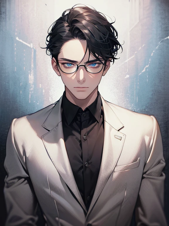 masterpiece, best quality, 1boy, gray black hair, blue eyes, glasses, white shirt, mugshot, wall background, detailed eyes, detailed facial features, realistic and high resolution (best quality, 4k, 8k, highres, masterpiece:1.2)