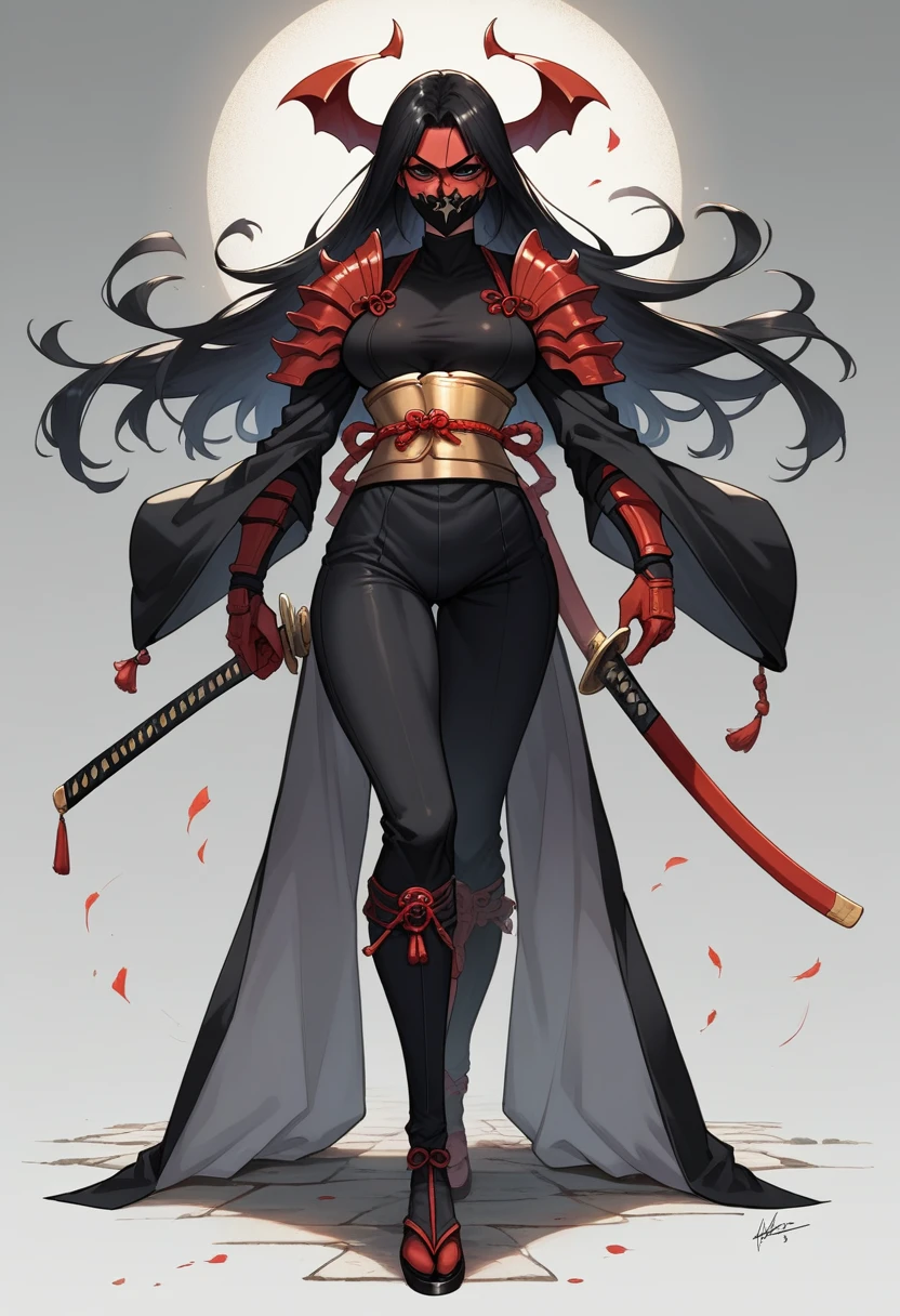 A female dark samurai, black demon mask, black and gold armor, black and red katana, long black hair, sexy, evil, full body view. No background. Masterpiece, UHD, detailed