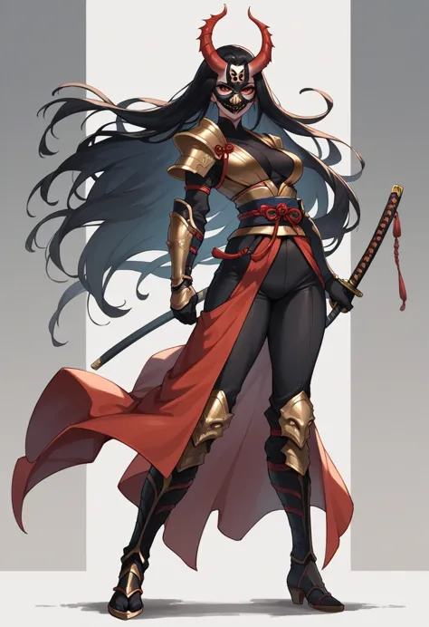 a female dark samurai, black demon mask, black and gold armor, black and red katana, long black hair, sexy, evil, full body view...