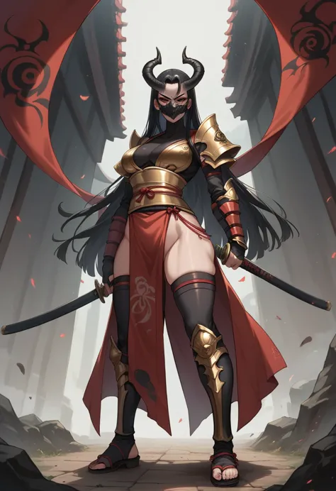 A female dark samurai, black demon mask, black and gold armor, black and red katana, long black hair, sexy, evil, full body view...