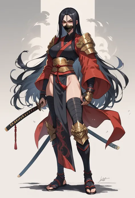 a female dark samurai, black demon mask, black and gold armor, black and red katana, long black hair, sexy girl, evil, full body...