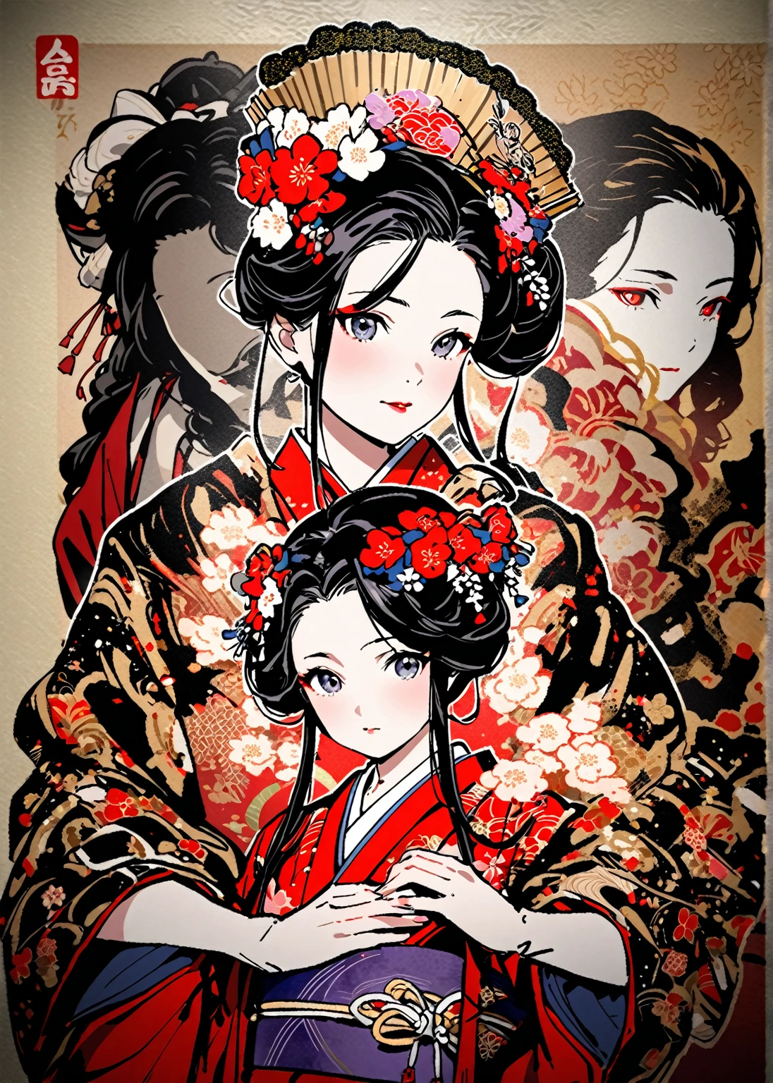 A 12-year-old princess wearing a red kimono and a flower crown, Traditional Japanese, traditional geisha clothing, Japanese women, Wearing Imperial Kimono, japanese geisha, geisha photo portrait, female geisha girl, elegant Japanese women, Japanese Kimono, In kimono, Traditional beauty, Wearing kimono and armor, portrait of geisha, wearing a haori, geisha　She gets an old man&#39;s dick shoved in her pussy