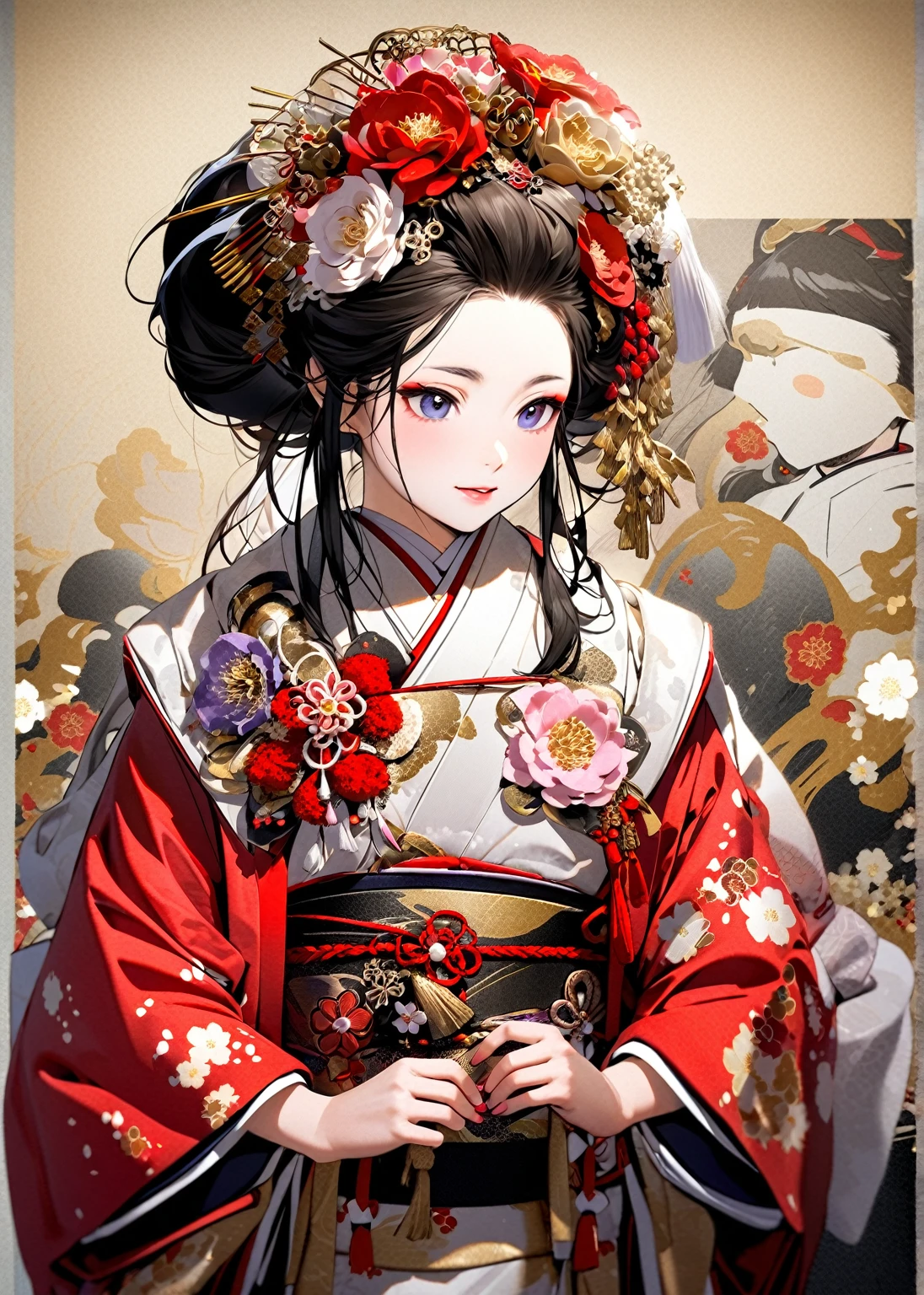 A 12-year-old princess wearing a red kimono and a flower crown, Traditional Japanese, traditional geisha clothing, Japanese women, Wearing Imperial Kimono, japanese geisha, geisha photo portrait, female geisha girl, elegant Japanese women, Japanese Kimono, In kimono, Traditional beauty, Wearing kimono and armor, portrait of geisha, wearing a haori, geisha　She gets an old man&#39;s dick shoved in her pussy