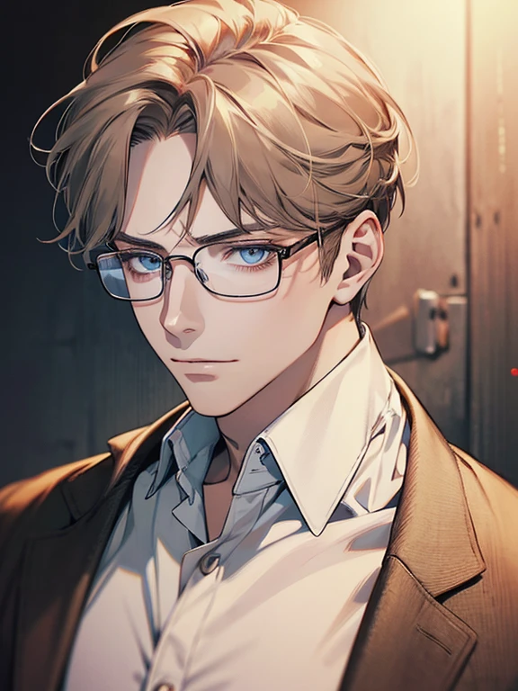 masterpiece, best quality, 1male mature,  32 years, gray brown hair, blue eyes, glasses, CEO, white shirt, mugshot, wall background, detailed eyes, detailed facial features, realistic and high resolution (best quality, 4k, 8k, highres, masterpiece:1.2)