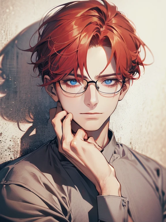 masterpiece, best quality, 1male mature,  32 years, gray red hair, blue eyes, glasses, white shirt, mugshot, wall background, detailed eyes, detailed facial features, realistic and high resolution (best quality, 4k, 8k, highres, masterpiece:1.2)