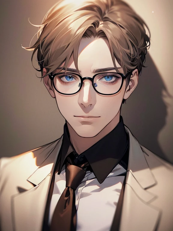 masterpiece, best quality, 1male mature,  32 years, gray brown hair, blue eyes, glasses, CEO, white shirt, mugshot, wall background, detailed eyes, detailed facial features, realistic and high resolution (best quality, 4k, 8k, highres, masterpiece:1.2)