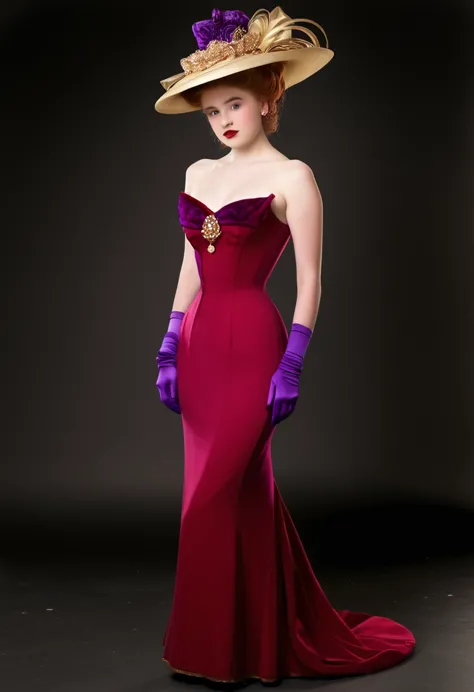 jessica rabbit as a sexy 15yo teenage gibson girl. year 1904. red dress, purple gloves, picture hat. full body. hourglass figure...