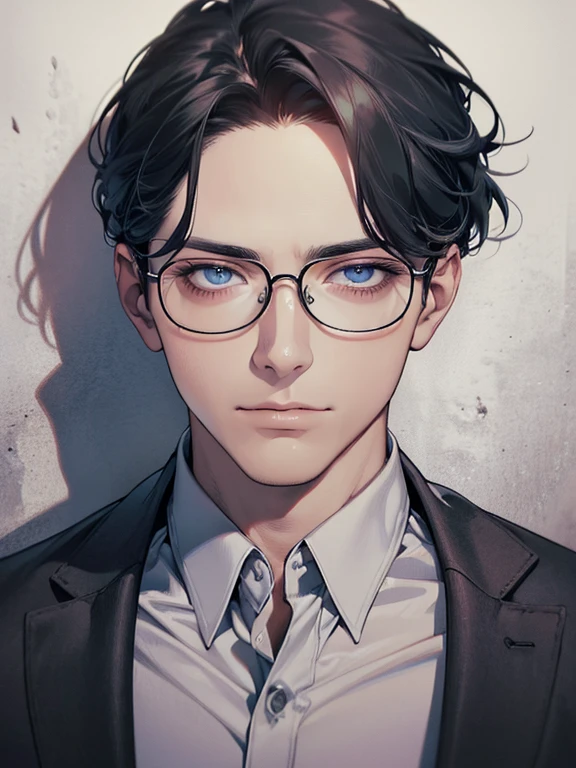 masterpiece, best quality, 1male mature, man, mature, 32 years, gray black hair, blue eyes, glasses, CEO, white shirt, mugshot, wall background, detailed eyes, detailed facial features, realistic and high resolution (best quality, 4k, 8k, highres, masterpiece:1.2)