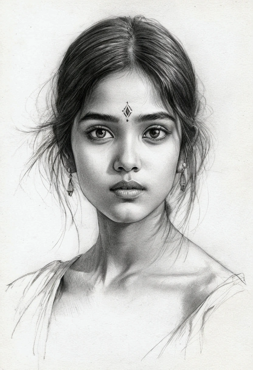 A delicate, graphite sketch shows a naked Indian girl, her features