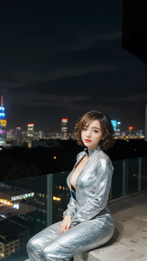 a stylish woman with short, curly hair, wearing a futuristic silver jumpsuit. sitting, hugging legs, rooftop in a bustling citys...