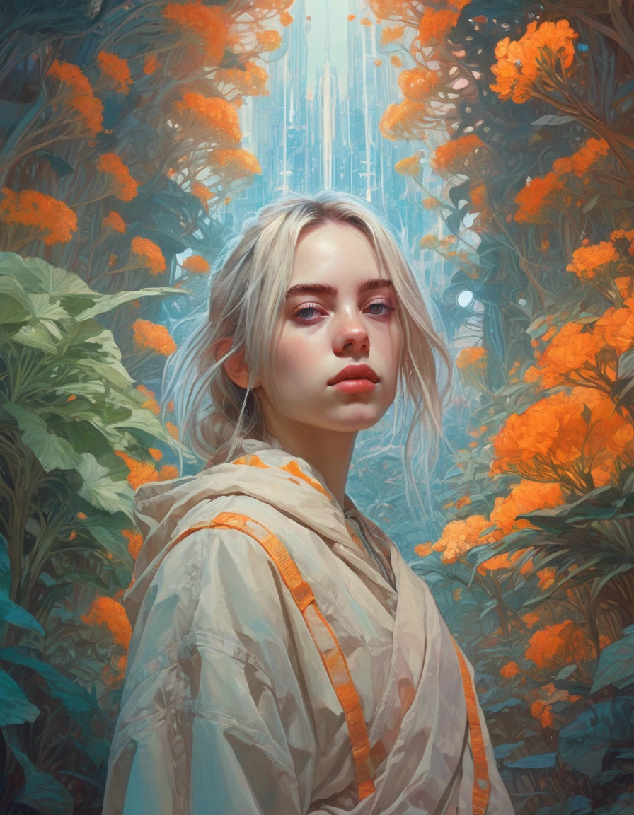 (Ohwx Woman) Very detailed, Digital paint, art station, standing, in front of the camera, Conceptual art, seeds, sharp focus, illustration, art by artgerm and alphonse mucha, high definition digital art, dramatic lighting, fractal networks in the background, al estilo de ilya kuvshinov y Ross tran