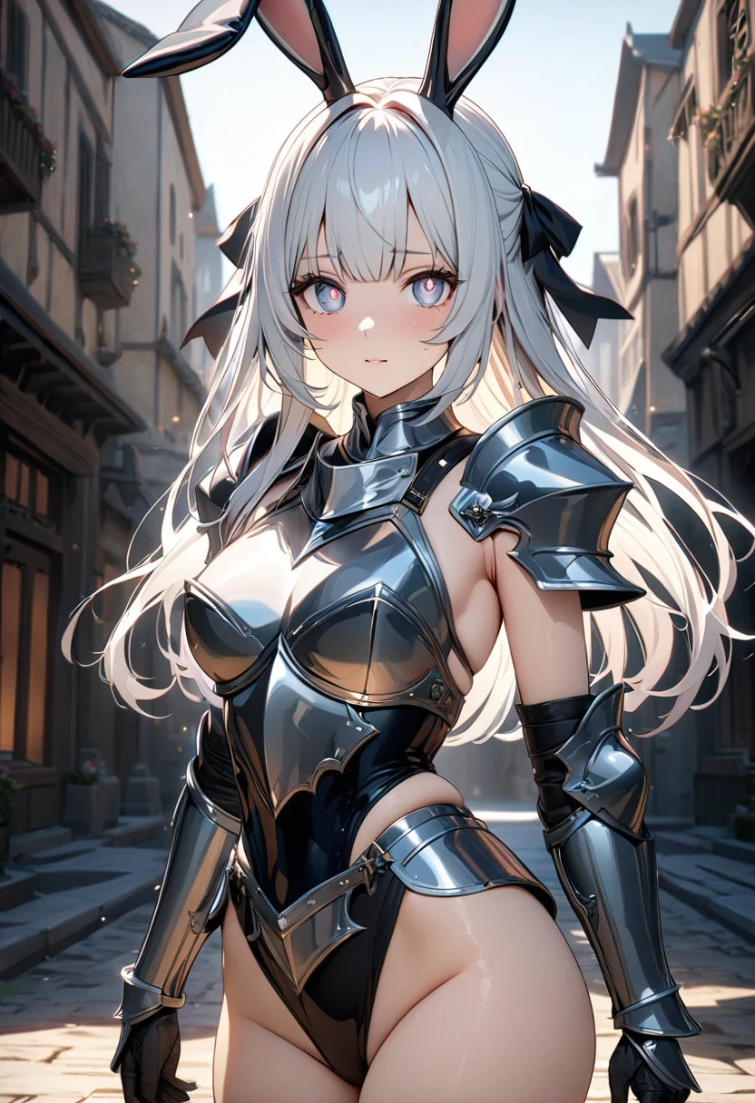 ((Best quality, 8k, Masterpiece: 1.3)), Sharp focus A beautiful woman with perfect body, Highly detailed face and skin texture, (Detailed eyes), rabbit ears, hime cut, white hair, hair bow, ribbon, pupils sparkling, tareme, (knight wearing steel armor), cowboy shot