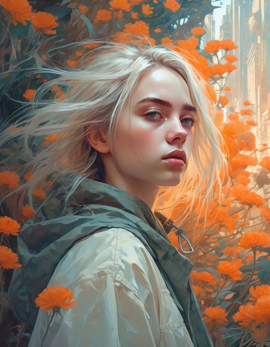 (Ohwx Woman) Very detailed, Digital paint, art station, standing, in front of the camera, Conceptual art, seeds, sharp focus, illustration, art by artgerm and alphonse mucha, high definition digital art, dramatic lighting, fractal networks in the background, al estilo de ilya kuvshinov y Ross tran