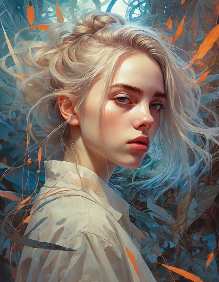 (Ohwx Woman) Very detailed, Digital paint, art station, standing, in front of the camera, Conceptual art, seeds, sharp focus, illustration, art by artgerm and alphonse mucha, high definition digital art, dramatic lighting, fractal networks in the background, al estilo de ilya kuvshinov y Ross tran