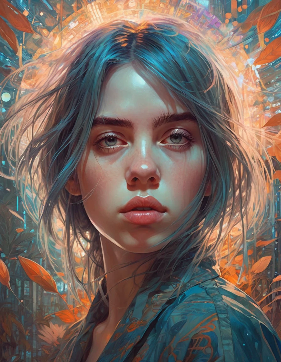 (Ohwx Woman) Very detailed, Digital paint, art station, standing, in front of the camera, Conceptual art, seeds, sharp focus, illustration, art by artgerm and alphonse mucha, high definition digital art, dramatic lighting, fractal networks in the background, al estilo de ilya kuvshinov y Ross tran