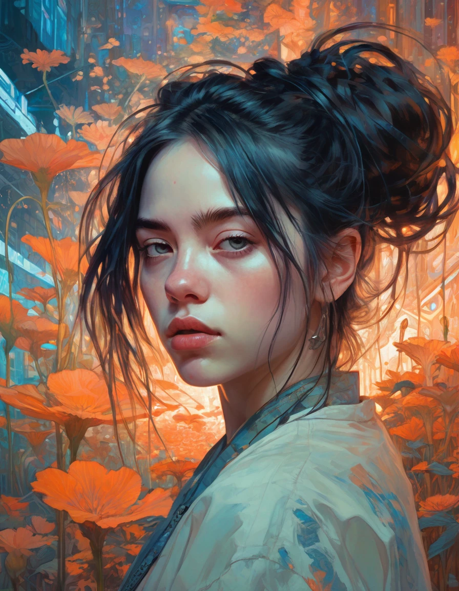 (Ohwx Woman) Very detailed, Digital paint, art station, standing, in front of the camera, Conceptual art, seeds, sharp focus, illustration, art by artgerm and alphonse mucha, high definition digital art, dramatic lighting, fractal networks in the background, al estilo de ilya kuvshinov y Ross tran