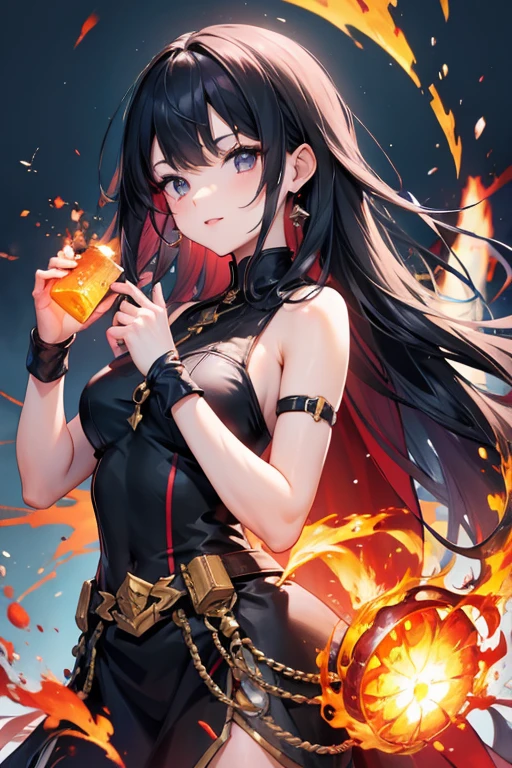 original character、Black Hair、Fire from the palm of your hand、Black eyes glowing red