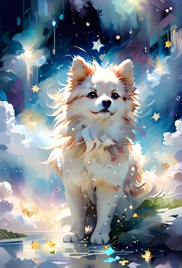 2D anime screencap, serene  Spitz in a mystical cloudscape, intricate details, vibrant colors, ethereal lighting, glowing accents, soft natural lighting, ethereal glow, detailed background, dreamy atmosphere, realistic shadows, fine details in fur and clouds, ultra-quality, magical elements, peaceful expression, closed eyes, enchanting setting, swirling clouds, floating stars, whimsical composition, calm ambiance, delicate line work
oil and watercolor painting
cartooneffects one, zhibi 