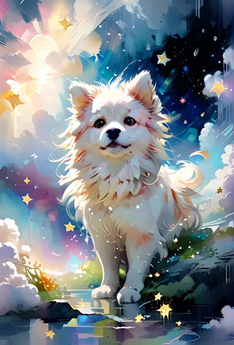 2D anime screencap, serene  Spitz in a mystical cloudscape, intricate details, vibrant colors, ethereal lighting, glowing accent...