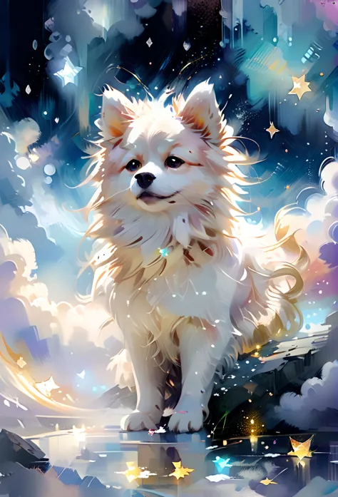 2d anime screencap, serene  spitz in a mystical cloudscape, intricate details, vibrant colors, ethereal lighting, glowing accent...