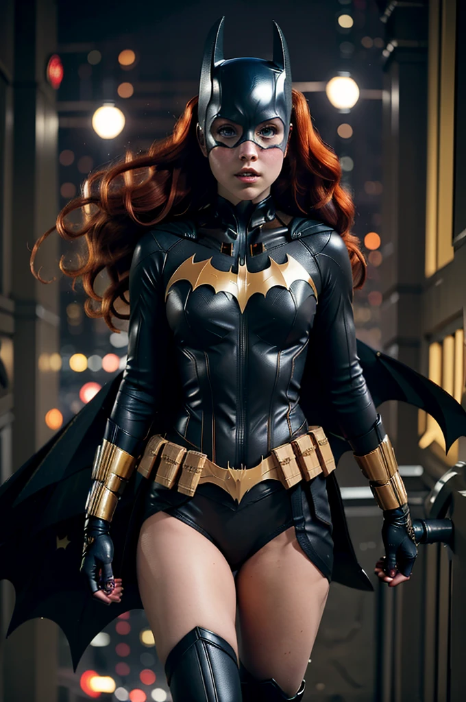 Batgirl, red hair, black bodysuit, gold bat symbol, gloves And boots, detailed utility belt, athletic build, nighttime in Gotham City, Anna Kendrick 