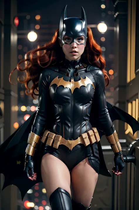 batgirl, red hair, black bodysuit, gold bat symbol, gloves and boots, detailed utility belt, athletic build, nighttime in gotham...