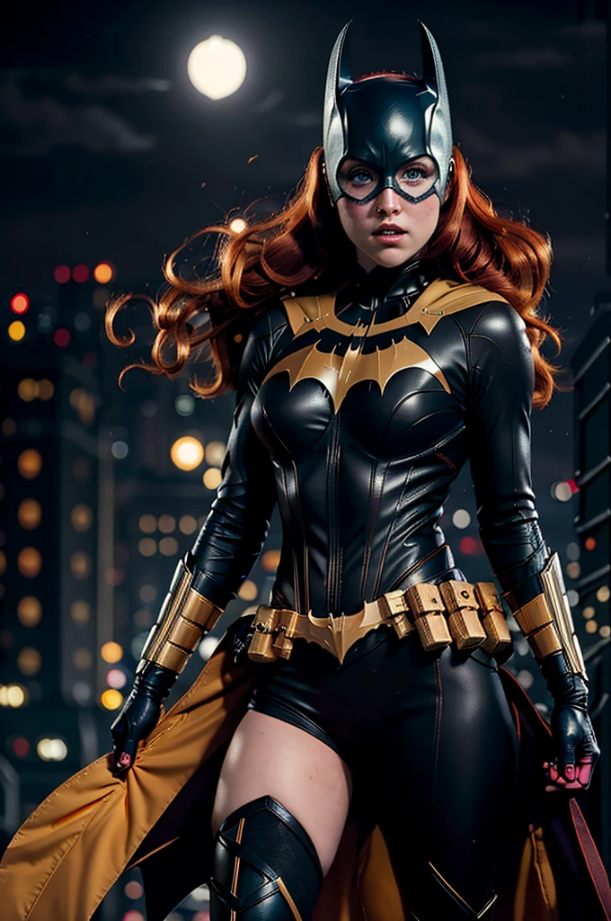 Batgirl, red hair, black bodysuit, gold bat symbol, gloves And boots, detailed utility belt, athletic build, nighttime in Gotham City, Anna Kendrick 